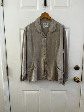 Flax Woman's Jeanne 100% Linen Lagoon-Look Boho Button-Front Jacket sz Lr
